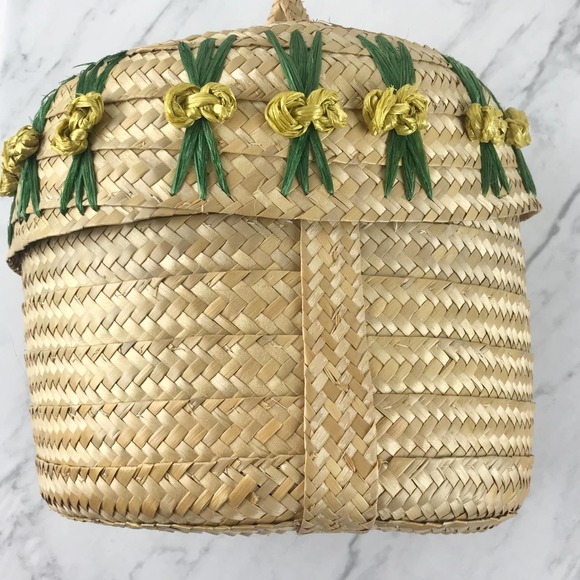 Vintage Floral Raffia Straw Circle Purse - Picture 5 of 7